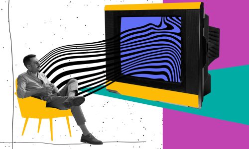 Mixed media hero image of man sitting in yellow chair looking at tv with nondescript screen and black and white connectivity lines between tv and man for Wardour blog on how corporate video got serious in 2023