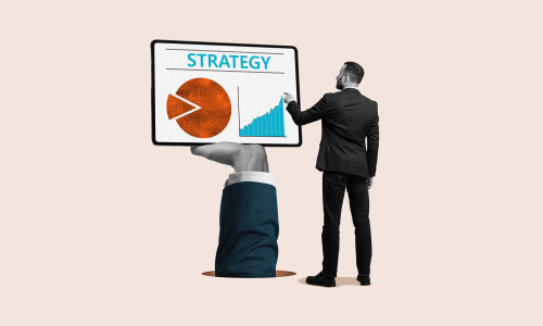 A mixed-media illustration of a content strategist working out strategy on a large screen.